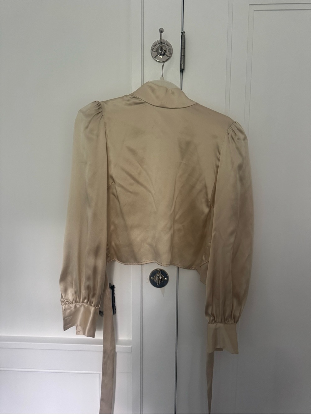 Reformation Champagne Satin Puff-Sleeve Tie-Back Blouse